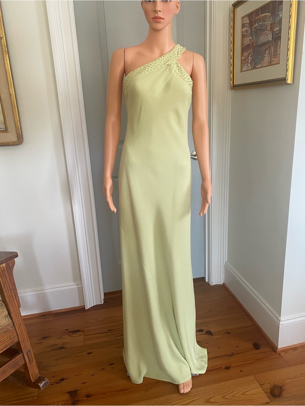 Chetta B One-Shoulder Pale Sage Green Evening Gown